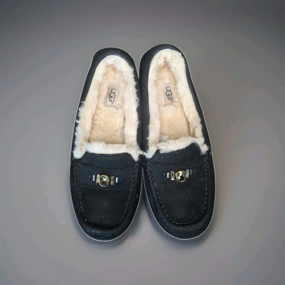 UGG Ansley Black Suede Shearling Moccasin Slippers Women 8